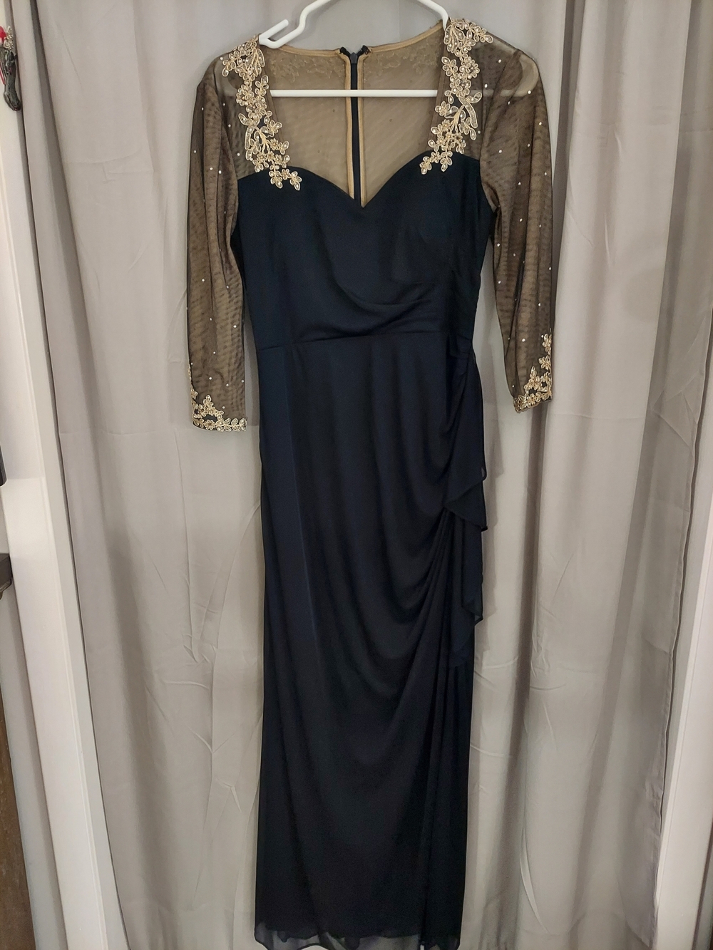 Xscape Midnight Blue 3/4-Sleeve Evening Dress with Gold Appliqué
